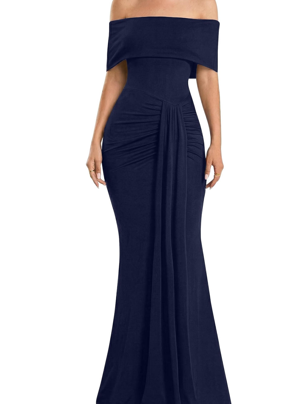 YMDUCH Navy Blue Sleeveless Off Shoulder Bodycon Long Formal Dress Size M